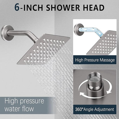 Shower Faucet Set Rainfall Shower System Push Button Diverter Shower Faucet with 4 in 1 Handheld, Ceiling Mount 12 Inch Shower Head and 6 Inch Wall Mount Shower Head