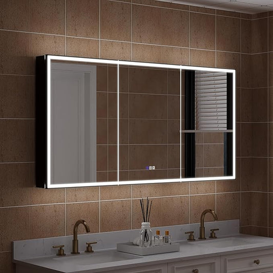 WELLFOR 60" X 30" LED Mirrored Medicine Cabinet, Medicine Cabinets with Lights for Bathroom, Defogging Function Mirror Cabinet, Bathroom Medicine Cabinet with USB Port & Outlet, Three Opening Doors