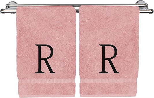 Monogrammed Hand Towel, Personalized Initial Gift, Extra Absorbent 100% Turkish Cotton - Soft Terry Finish - Set of 2 - Black Block Initial R - Embroidered on Pink Towels