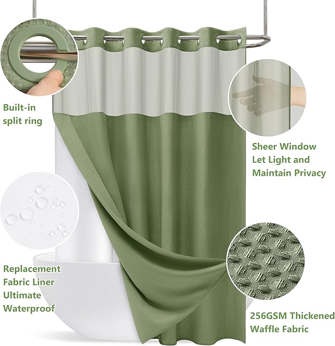 No Hook Waffle Weave Shower Curtain Set with Snap-in Fabric Liner and Mesh Top Window,256GSM Heavy Duty Fabric,Green Washable Luxury Shower Curtain for Bathroom Stalls (72x75 Inch)