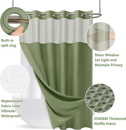 No Hook Waffle Weave Shower Curtain Set with Snap-in Fabric Liner and Mesh Top Window,256GSM Heavy Duty Fabric,Green Washable Luxury Shower Curtain for Bathroom Stalls (72x75 Inch)