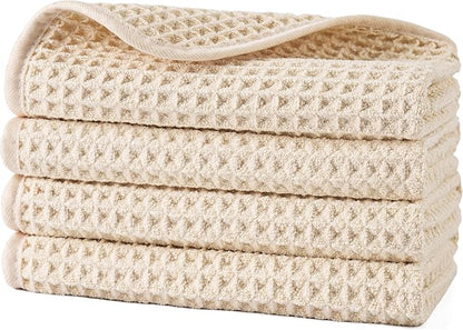 POLYTE 430 GSM Microfiber Lint Free Washcloth Face Towel, 13 x 13 in, 4 Pack (Waffle Weave)