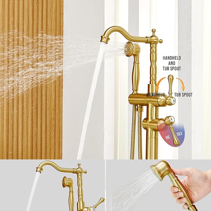 Freestanding Tub Faucet Sets, JetsBath Floor Mount BathTub Filler with 360° Swivel Spout & Handheld Sprayer, Brushed Gold Floor Mount Bathtub Faucet Single Handle with Supply Hose