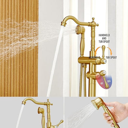 Freestanding Tub Faucet Sets, JetsBath Floor Mount BathTub Filler with 360° Swivel Spout & Handheld Sprayer, Brushed Gold Floor Mount Bathtub Faucet Single Handle with Supply Hose