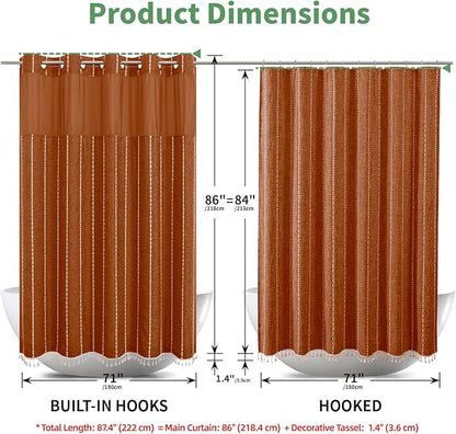 No Hook Extra Long Shower Curtain Set with Snap-in Liner,Linen Textured Thick Striped Fabric with Tassels,Boho Chic Modern Farmhouse Bathroom Curtain,Water-Repellent,Orange,71x86