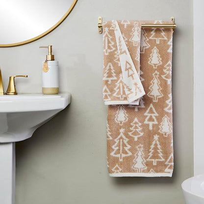 SKL Home Christmas/Winter Mod Tree 100% Cotton Premium 2-Piece Hand Towel Set, 450 GSM, Reversible Jacquard, Soft & Absorbent, Decorative for Bath/Kitchen/Bar, Tan