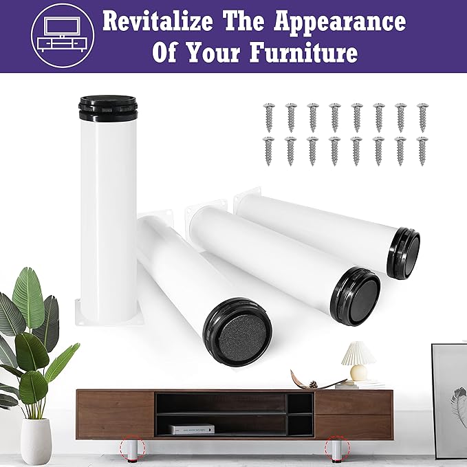 8 Inch Metal Furniture Legs Stainless Steel Adjustable Legs White Metal Legs Round Cabinet Legs for Coffee Table Cabinet Desk Sofa Shelves, Pack of 4