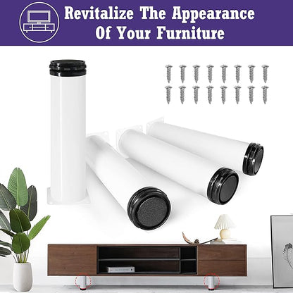 8 Inch Metal Furniture Legs Stainless Steel Adjustable Legs White Metal Legs Round Cabinet Legs for Coffee Table Cabinet Desk Sofa Shelves, Pack of 4