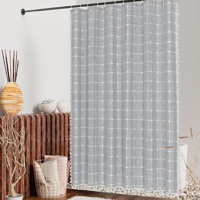 MitoVilla Boho Extra Long Shower Curtain 72 x 84, Modern Farmhouse 84 inch XL Polyester Linen Texture Tassel Fabric Shower Curtain Set with Hooks for Cottagecore Country Bathroom Decor, Tan Brown