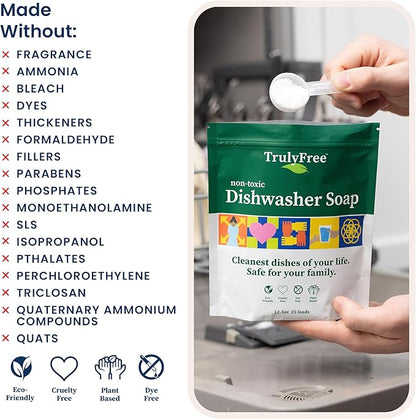 Truly Free Dishwasher Detergent Powder | Natural Dish Detergent, Dishwasher Soap | Plastic Free, Plant-Based, Clean, Heavy Duty Hard Water Stain & Grease Remover | Fragrance Free | 12.5 oz (Pack of 1)