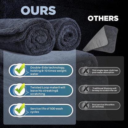 2-Pack 1200GSM Microfiber Car Drying Towels, Extra Large Twisted-Loop Absorbent Drying Towel for Cars and Trucks, Without Streaks, Scratches, or Water Spots (35"x 24")