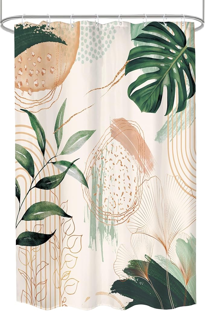 Boho Shower Curtain 48Wx72H Small Stall Narrow Abstract Mid Century Tropical Green Leaves Plant Palm Modern Geometric Arch Bathroom Decor Botanical Bath Curtain Fabric Polyester 8 Pack Hooks