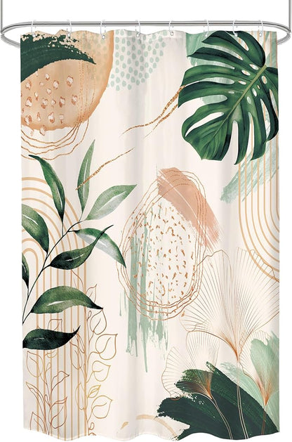 Boho Shower Curtain 48Wx72H Small Stall Narrow Abstract Mid Century Tropical Green Leaves Plant Palm Modern Geometric Arch Bathroom Decor Botanical Bath Curtain Fabric Polyester 8 Pack Hooks