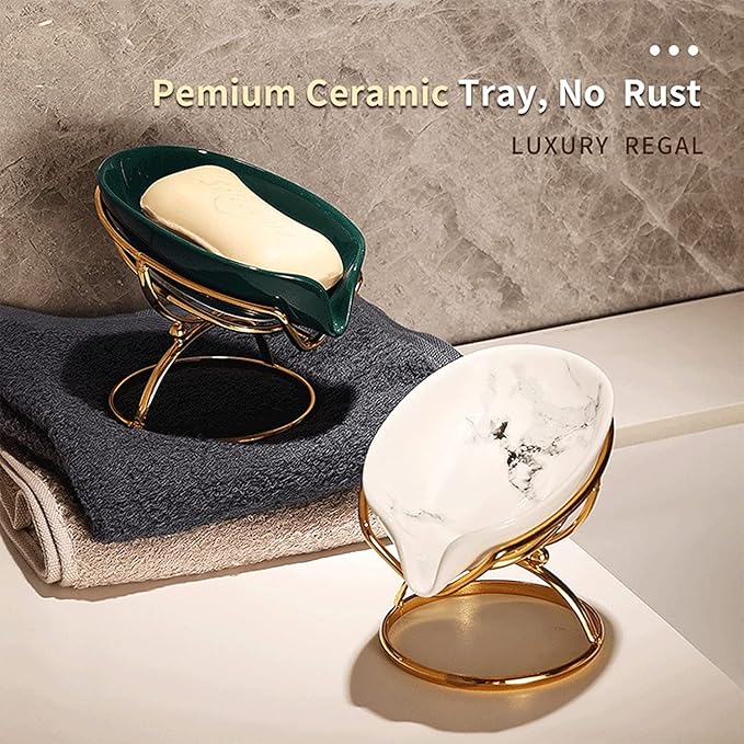 Leaf-Shaped Soap Dish – Ceramic Soap Bar Holder with Self-Drainage System – Bar Soap Holder for Shower, Bathroom Sink, Kitchen – Soap Dish with Stainless Steel Stand (White-Gold-2 Pack)