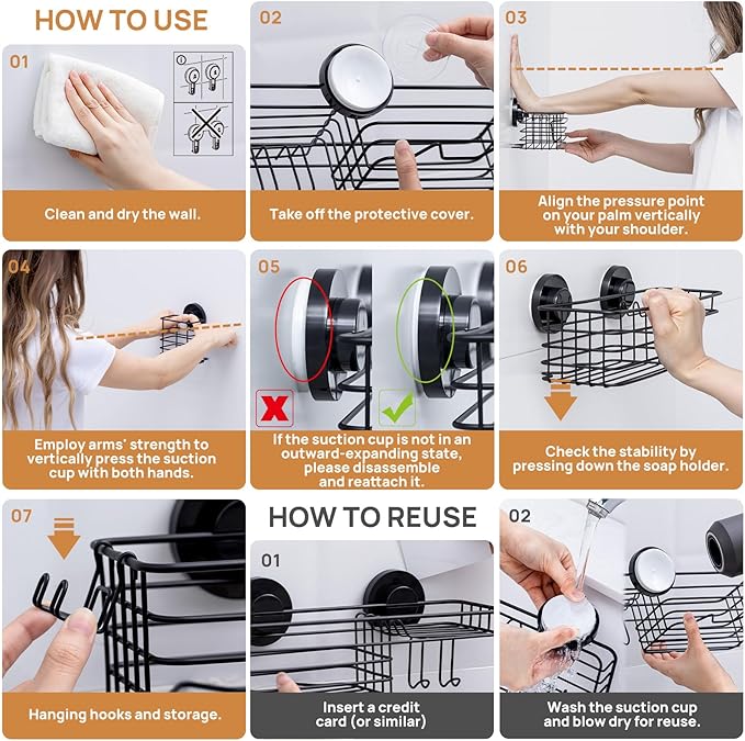 LEVERLOC Shower Caddy Suction Cup, 3 Pack Heavy Duty Bathroom Organizer for Inside Shower with Hooks & Soap holder, Removable Bathroom Holder, Rustproof Black Storage