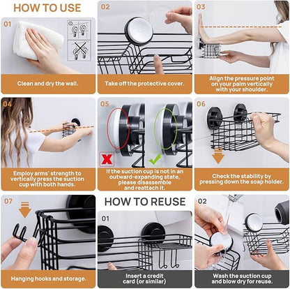 LEVERLOC Shower Caddy Suction Cup, 3 Pack Heavy Duty Bathroom Organizer for Inside Shower with Hooks & Soap holder, Removable Bathroom Holder, Rustproof Black Storage
