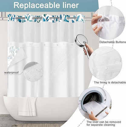No Hook Shower Curtain and Liner Set, Dark Blue Eucalyptus Floral Shower Curtains for Bathroom, Bath Curtain Sets with Snap in Liner, Waterproof with See Through Top Window, 71x74 Inches