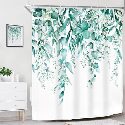 Riyidecor Teal Eucalyptus Leaves Shower Curtain for Bathroom Decor 60Wx72H Botanical Plants Spring Flower Herbs Botany Floral Art Printed Fabric Polyester Waterproof 12 Pack Plastic