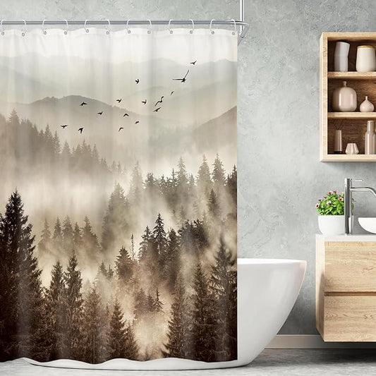 Riyidecor Foggy Mountain Shower Curtain 48Wx72H Inch RV Narrow Nature Scenery Tree Rustic Natural Woodland Alpine Landscape Modern Abstract Bathroom Decor Fabric Polyester Waterproof 8 Pack Hooks
