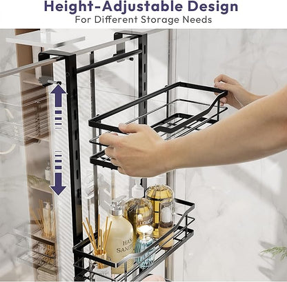SWTYMIKI Over the Door Shower Caddy - 3 Tier Adjustable Shower Organizer Hanging with Soap Holder, No Drilling Stainless Steel Bathroom Rack Hanging for Body Wash, Shampoo, Soap, Razor, Black