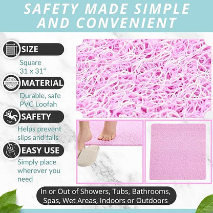 ENKOSI Soft Loofah Mat - Extra Large Square Shower Mat - Non Slip Bathroom Bath Shower Mat - Pink Mix (31x31 inches)