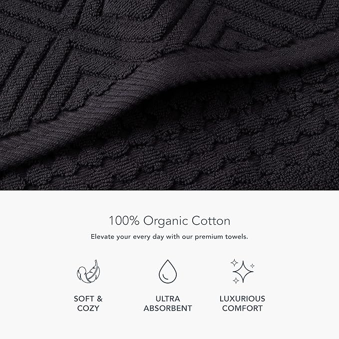Texere 100% Organic Cotton Diamond Jacquard 700 GSM Luxury Bath Towel Sets - Ultra Soft and Absorbent Hotel and Spa Quality (Diamond, Black, 2 Bath & 2 Hand Towels)