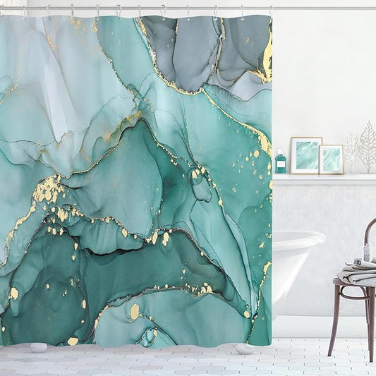 Long Shower Curtain 72 x 78 Inch, Tall Abstract Marble Shower Curtains for Bathroom Decor, Modern Luxury Art Decor Ink Texture Fabric Shower Curtain Set with Hooks, Turquoise