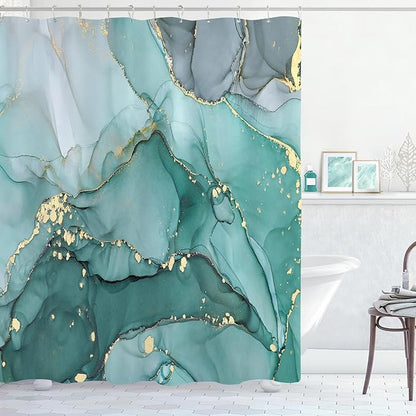Extra Long Shower Curtain 72 x 96 Inch, Turquoise Floor to Ceiling X-Long Abstract Marble Shower Curtains for Bathroom, Modern Luxury Art Ink Fabric Shower Curtain Set with Hooks