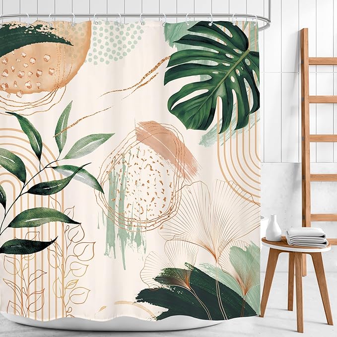 Boho Shower Curtain 60Wx72H Bohemian Modern Mid Century Abstract Sage Green Tropical Palm Leaves Plant Bathroom Decor Minimalist Geometric Neutral Bath Curtain Fabric Polyester 12 Pack Hooks