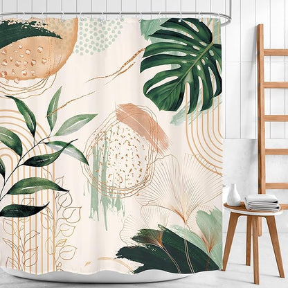 Boho Shower Curtain 60Wx72H Bohemian Modern Mid Century Abstract Sage Green Tropical Palm Leaves Plant Bathroom Decor Minimalist Geometric Neutral Bath Curtain Fabric Polyester 12 Pack Hooks