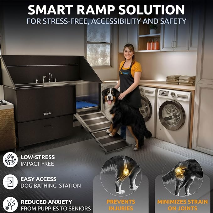 KANIS Black Line Professional Dog Washing Station - 304 Stainless Steel Pet Wash Sink & Grooming Bathtub w/Shower, Floor Grates and Storage for Large, Medium & Small Pets (61", 1 Drawers - Right Ramp)