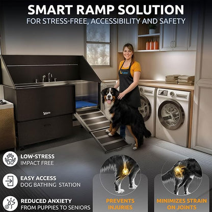 KANIS Black Line Professional Dog Washing Station - 304 Stainless Steel Pet Wash Sink & Grooming Bathtub w/Shower, Floor Grates and Storage for Large, Medium & Small Pets (61", 1 Drawers - Right Ramp)