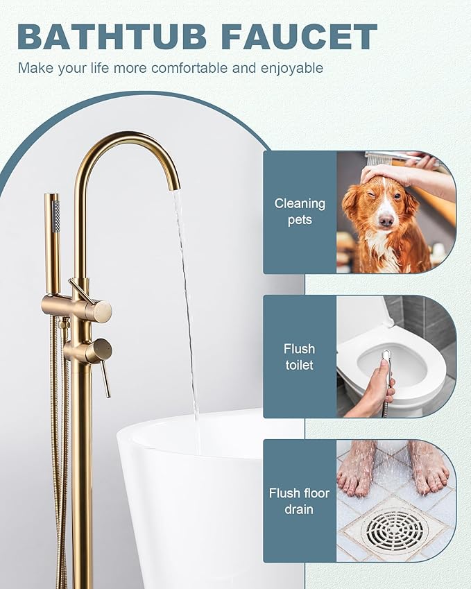 Freestanding Bathtub Faucet Brushed Gold, Floor Mount Tub Filler, High Flow Brass Shower Faucets with Handheld Sprayer for Bathroom