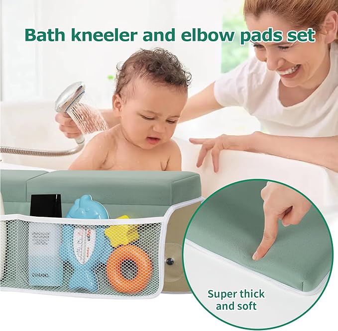 Comfortable Baby Bath Kneeler and Elbow Rest Pad Set, Thick Memory Foam Bath Kneeling Pad with Elbow Support, Baby Bathtub Cushion with Toy Organizer, Non-Slip for Infant or Toddler Bathing