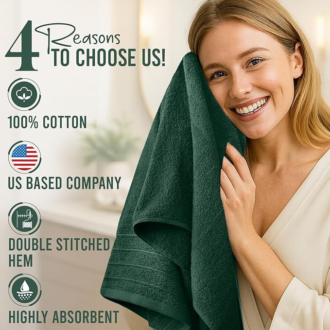DAN River Extra Large Bath Towels Set of 4, 30 x 60 Inches - 100% Cotton Larger & Lighter Weight Towels for Bathroom - Quicker to Dry, Super Soft & Highly Absorbent Towels for Home, Hunter Green