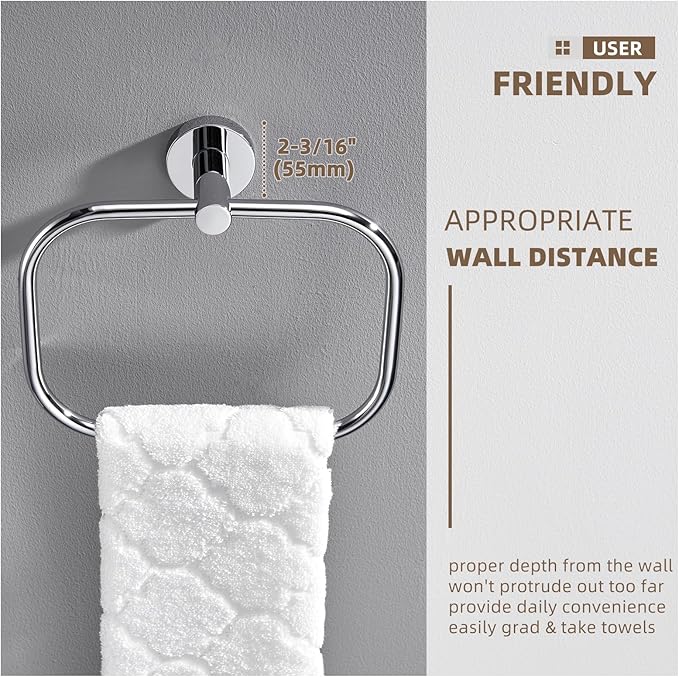 Angle Simple Swivel Towel Ring Chrome, Stainless Steel Hand Towel Rack for Bathroom Wall, Square Holder for Washcloth