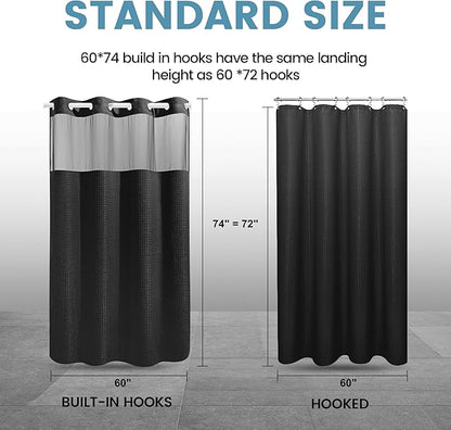 Stall No Hook Shower Curtain with Snap in Liner,230GSM Waffle Weave Shower Curtains for Bathroom,60W x 74H,Black