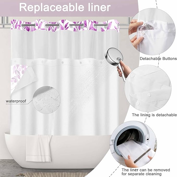 No Hook Shower Curtain and Liner Set, Purple Eucalyptus Floral Shower Curtains for Bathroom, Bath Curtain Sets with Snap in Liner, Waterproof with See Through Top Window, 71x77 Inches