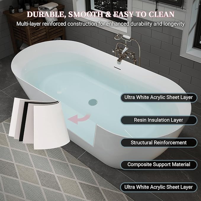 ABRUZZO 63" Acrylic Freestanding Bathtub - Oval Deep Soak Tub, Center Drain & Overflow, cUPC Certified Glossy White