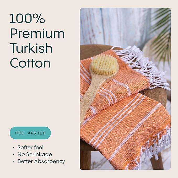 WETCAT Turkish Hand Towels with Hanging Loop, Set of 2 (20" x 30") 100% Turkish Cotton, Pre-Washed, Quick Drying, for Kitchen or Bathroom - Orange