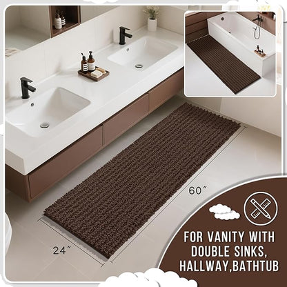 Yimobra Bathroom Runner Rug 60x24 Inch - Extra Long Non Slip Chenille Bath Mat, Soft & Absorbent, Machine Washable Shaggy Hallway Carpet for Vanity Tub Shower, Brown Home Decor Accessories