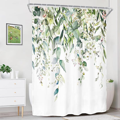 Riyidecor Small Green Eucalyptus Leaves Shower Curtain for Bathroom Decor 54Wx78H Single Standing Plants Watercolor Floral Rustic Botanical Art Printed Fabric Polyester Waterproof 12 Pack Plastic