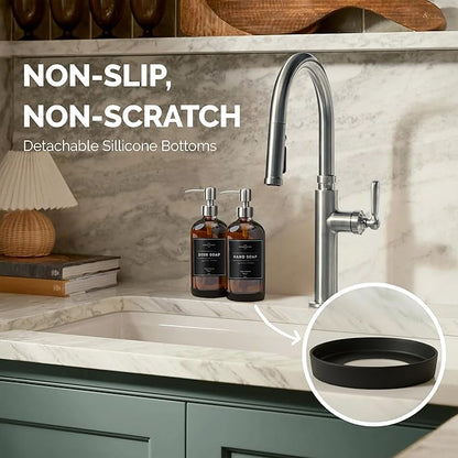 Vine Creations Amber Glass Soap Dispenser, 2 Pack Kitchen Soap Dispenser Set with Stainless Steel Pump, 16 oz Hand Soap or Dish Soap for Bathroom or Kitchen with Waterproof Labels
