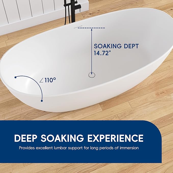 73'' High-back Freestanding Solid Surface Resin Stone Bathtub, Freestanding Tub, Contemporary Design Stand Alone Tub with Pop-up Drain and Overflow, Matte White (Oval)