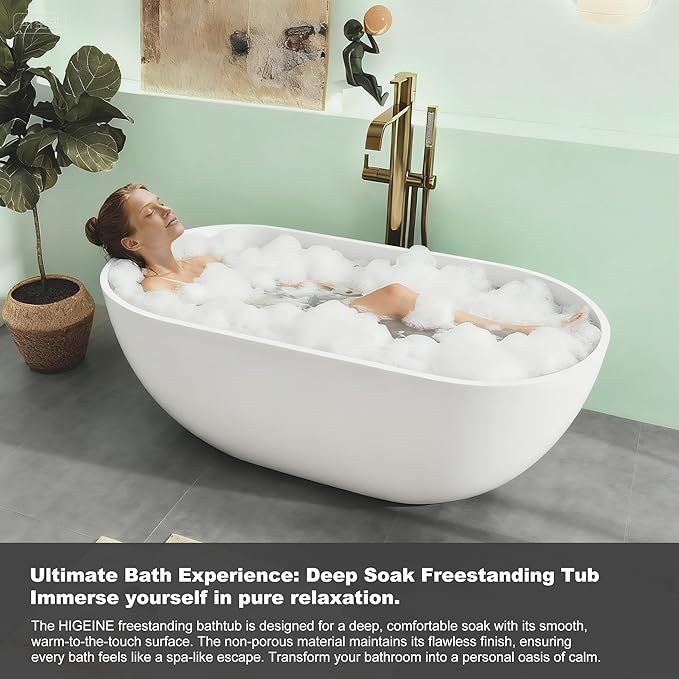 Premium 51" Solid Surface Freestanding Bathtubs, Upgraded Oval Stone Resin Tub with Overflow and Pop-up Drain, Matte White