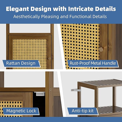 HITNET Rattan Bathroom Floor Cabinet, Bamboo Storage Cupboard with Single Door, Freestanding Small Living Room Sideboard, Space Saving Entryway Storage Unit, Walnut