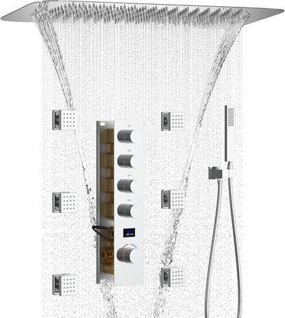 Polished Chrome Shower Set with 16X24 inch Ceiling Mount Showerhead(Two Modes), Handheld Spray and 6 PCS Body Jet, 4 Way Digital Temperature Display Shower System