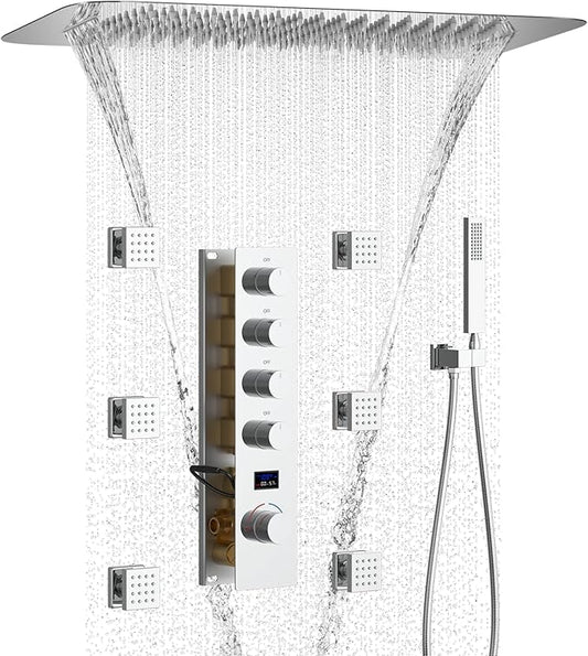 Polished Chrome Shower Set with 16X24 inch Ceiling Mount Showerhead(Two Modes), Handheld Spray and 6 PCS Body Jet, 4 Way Digital Temperature Display Shower System