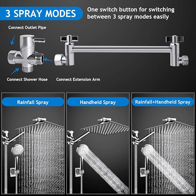 Shower Head Combo,10 Inch High Pressure Rain Shower Head with 11 Inch Adjustable Extension Arm and 5 Settings Handheld ,Powerful Shower Spray Against Low Pressure Water with Long Hose