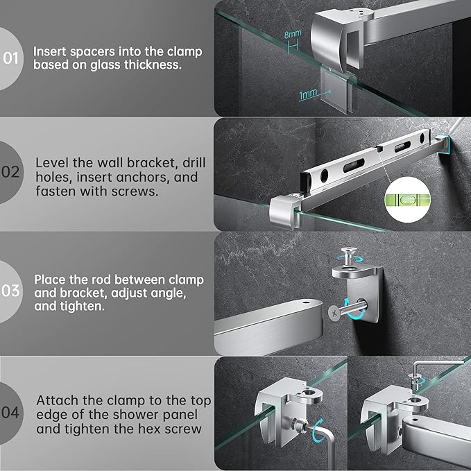 Frameless Shower Door Support Bar, Stainless Steel Wall-to-Glass Support Arm to Fixed Shower Glass Panel, for 1/4"-3/8" (6-10 mm) Door, 180° Pivot & Stow-Flat Mode (Brushed Nickel, 27.6-inch(700mm))